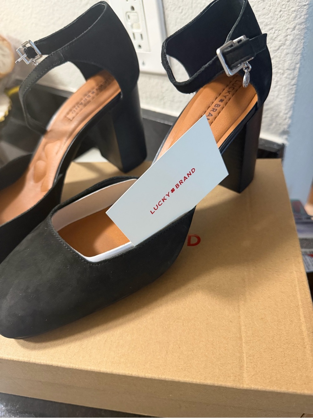 Lucky Brand Black Suede Block Heel Ankle-Strap Pumps